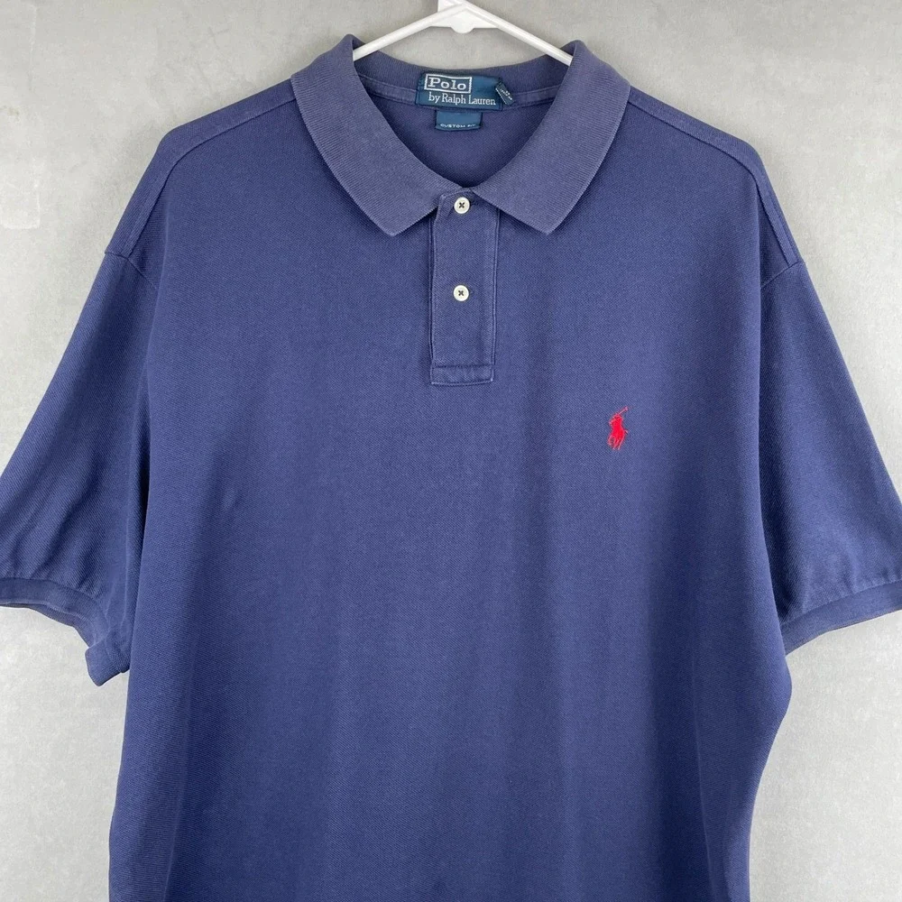 VTG Polo Ralph Lauren‎ Mens XXL Custom Fit Navy Blue S/S Preppy Pique Polo Shirt